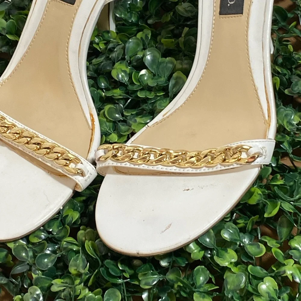 Style & Co. White Open-Toe Heels with Gold Chain Accent
